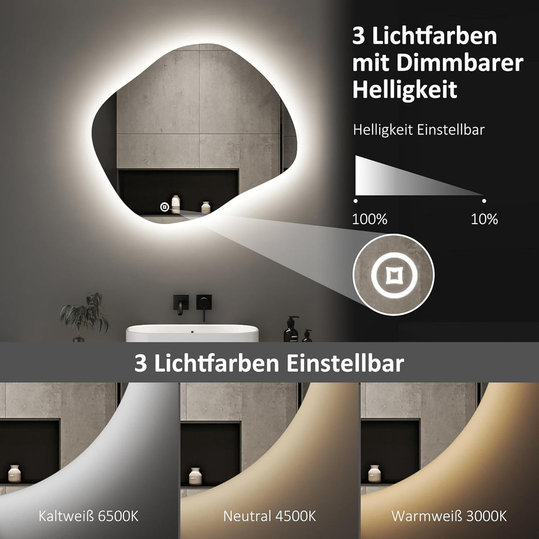Boromal Asymmetrischer Spiegel mit Beleuchtung 84x74cm Asymmetrischer Badspiegel mit Beleuchtung LED