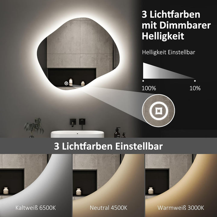 Boromal Asymmetrischer Spiegel mit Beleuchtung LED Badspiegel mit Beleuchtung 84x74cm LED Spiegel mi