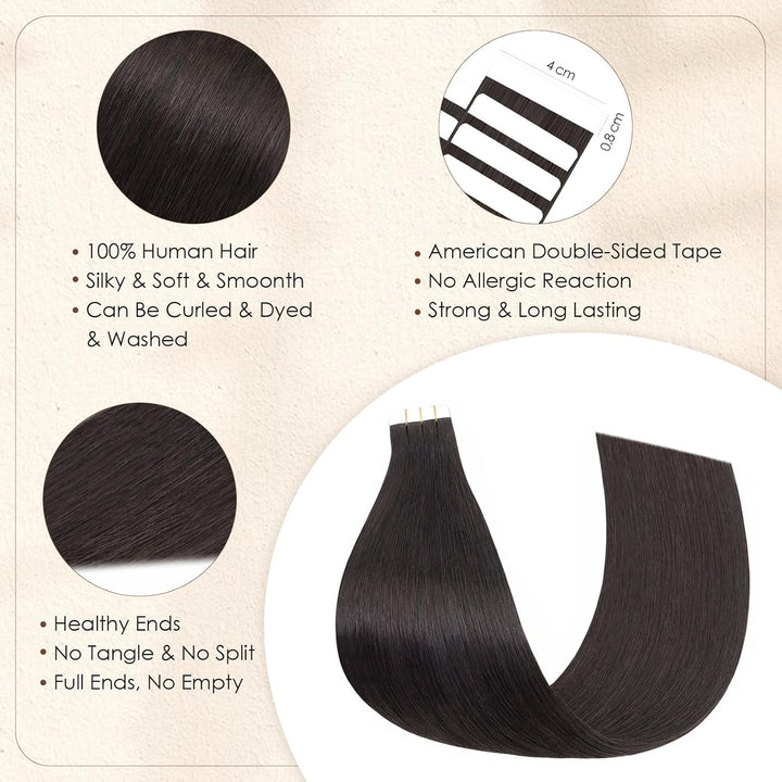 Elailite Tape Extensions Echthaar Naturschwarz, 10 Stück 20g Kleber Haarverlängerungen Invisible Gla