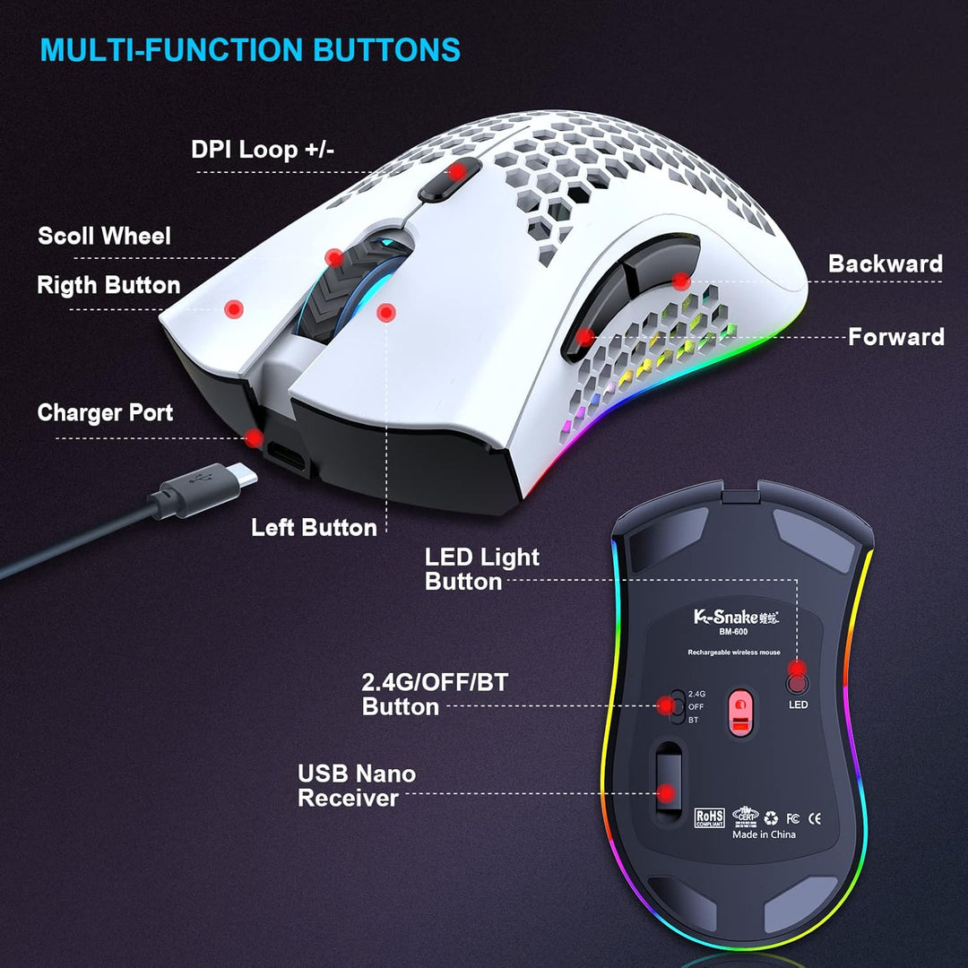 Bluetooth Gaming Maus, Light Honeycomb Maus mit RGB Hintergrundbeleuchtung, einstellbare DPI, Blueto