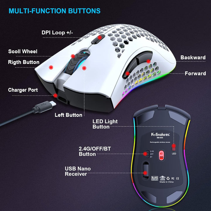 Bluetooth Gaming Maus, Light Honeycomb Maus mit RGB Hintergrundbeleuchtung, einstellbare DPI, Blueto