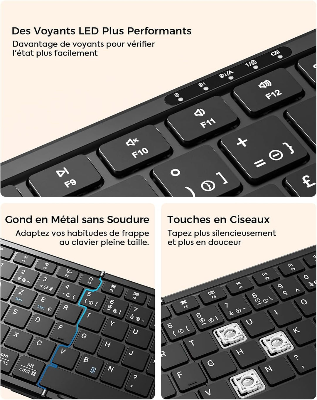 MoKo Zusammenklappbares kabelloses Tastatur- und Maus-Set, tragbare AZERTY-Bluetooth-Tastatur mit Zi