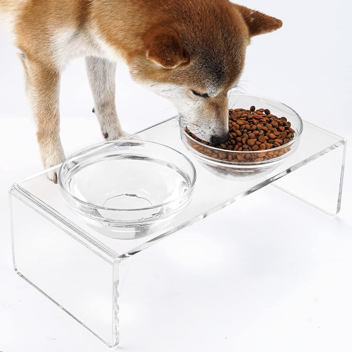 Erhöhter Futternapf für Hunde und Katzen, aus Acryl, mit 2 abnehmbaren Glasnäpfen und 2 Edelstahlnäp