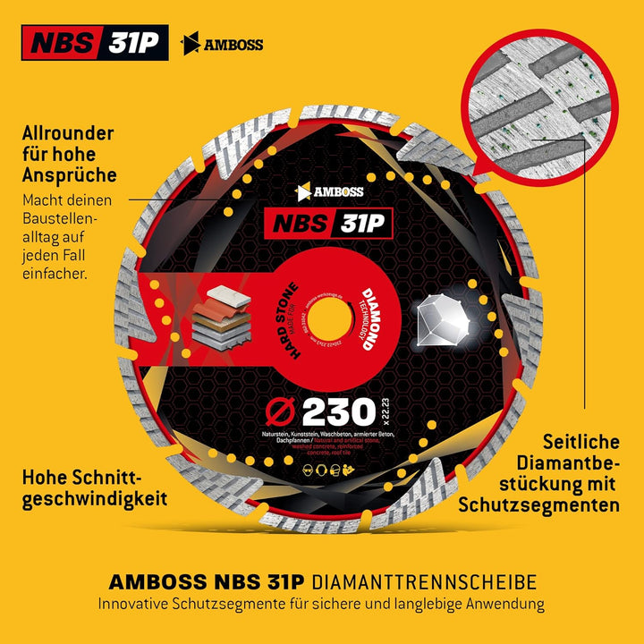 Amboss NBS 31P - Diamant-Trennscheibe Ø 230 mm x 22,2 mm - Naturstein/Granit/Beton/Klinker/Dachziege