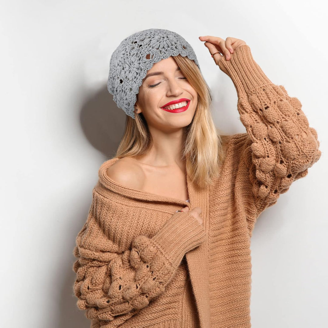 4 Stück gehäkelte Slouchy Beanie Mütze Herbst Handarbeit Strick Blumen Schädel Kappe Baumwolle Aussc