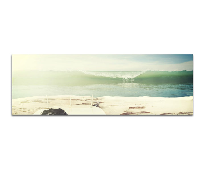 Paul Sinus Art Panoramabild auf Leinwand und Keilrahmen 150x50cm Strand Meer Surfbrett Welle Vintage