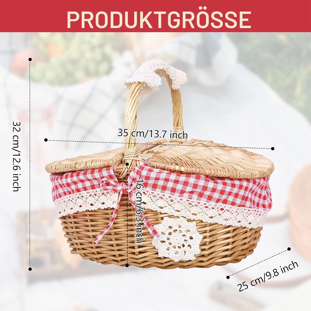 Weide Picknickkorb, Tragbarer Picknickkorb für den Aussenbereich mit Deckel und Griff, Geflochtener