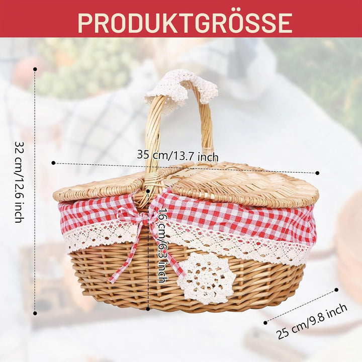 Weide Picknickkorb, Tragbarer Picknickkorb für den Aussenbereich mit Deckel und Griff, Geflochtener