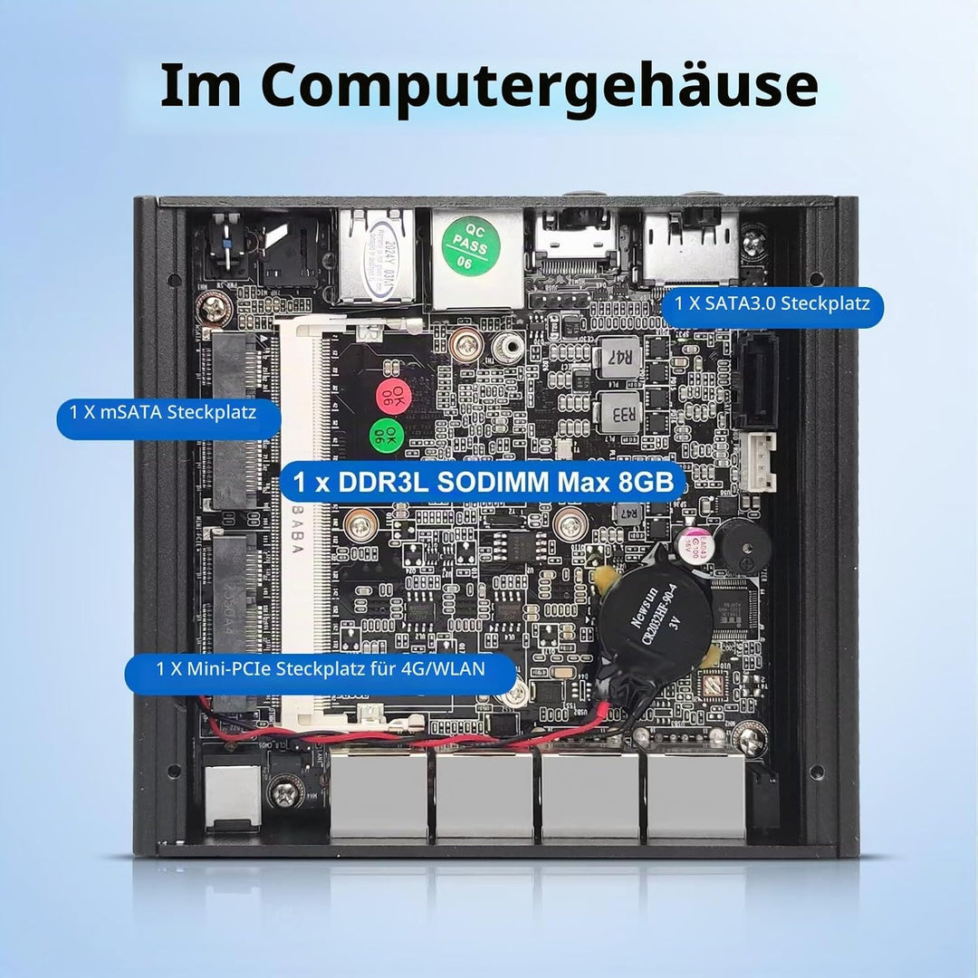 Micro Firewall Appliance, Fanless Mini PC J3710 4C/4T, 4X 2.5 GbE i225-V LAN,AES-NI,DDR3 8GB SSD 128