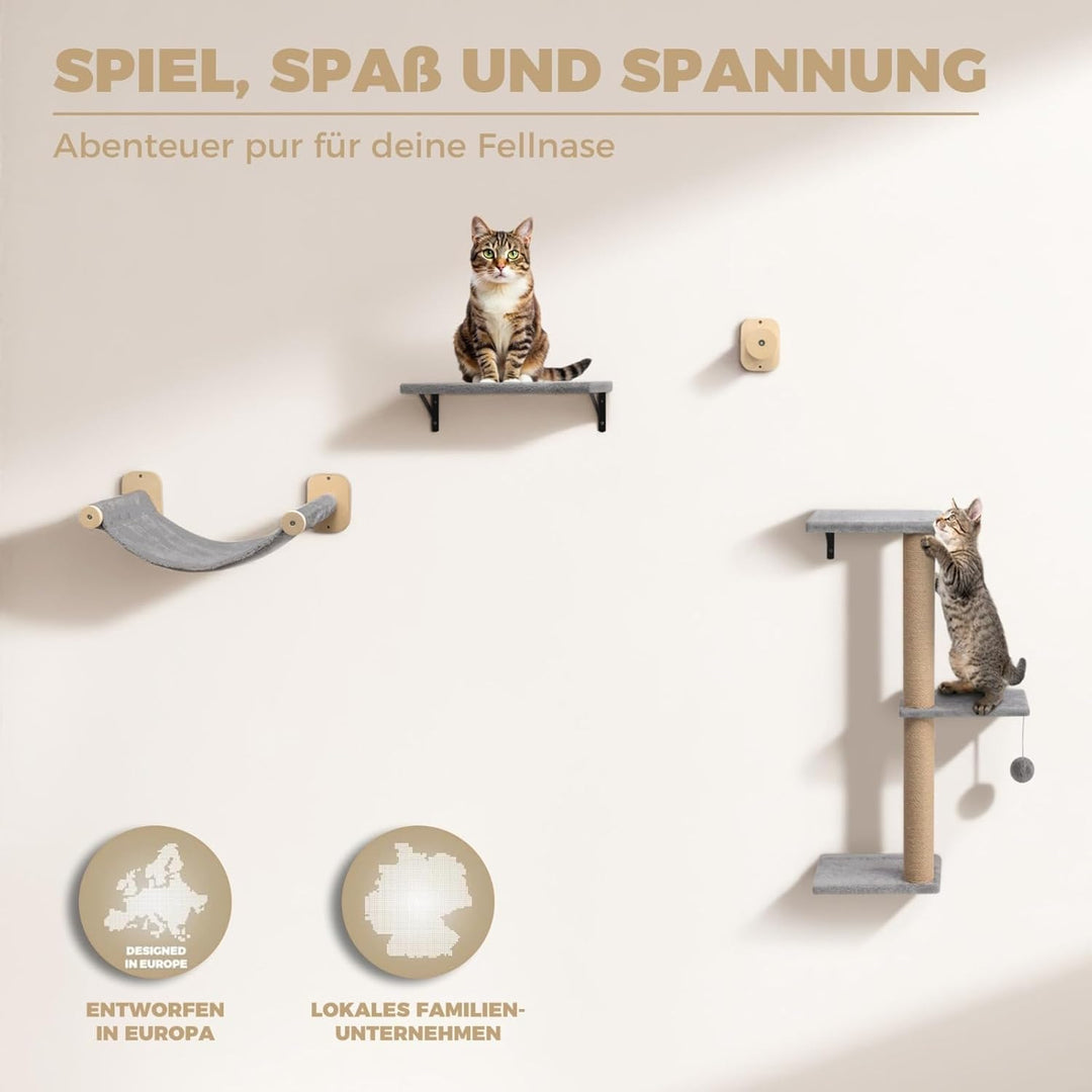 WOOWOOD® Kletterwand Katzen Set inkl. Katzentreppe Wand I Kratzbaum Wand I Hängematte Katze I Wandkr