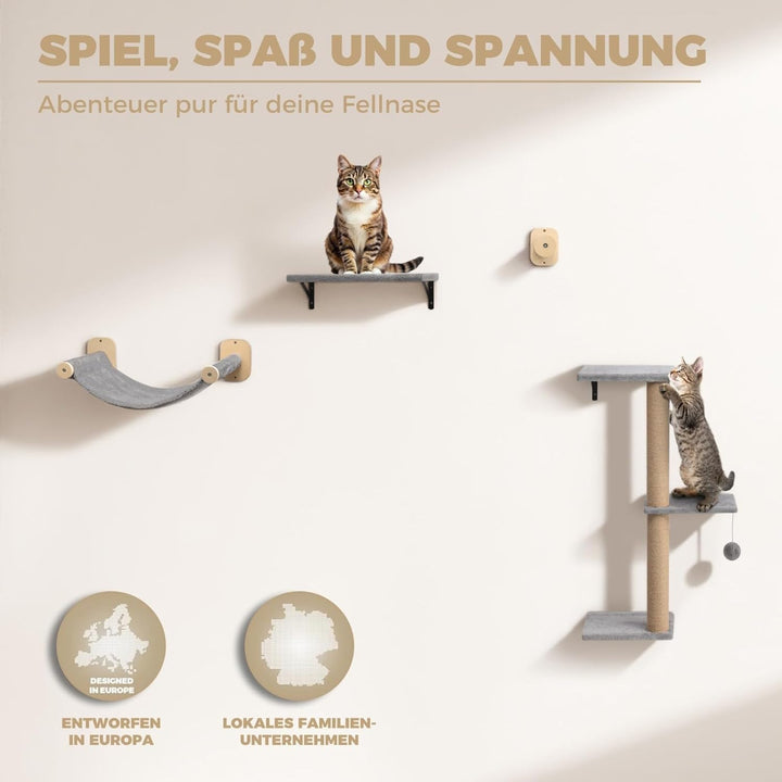 WOOWOOD® Kletterwand Katzen Set inkl. Katzentreppe Wand I Kratzbaum Wand I Hängematte Katze I Wandkr