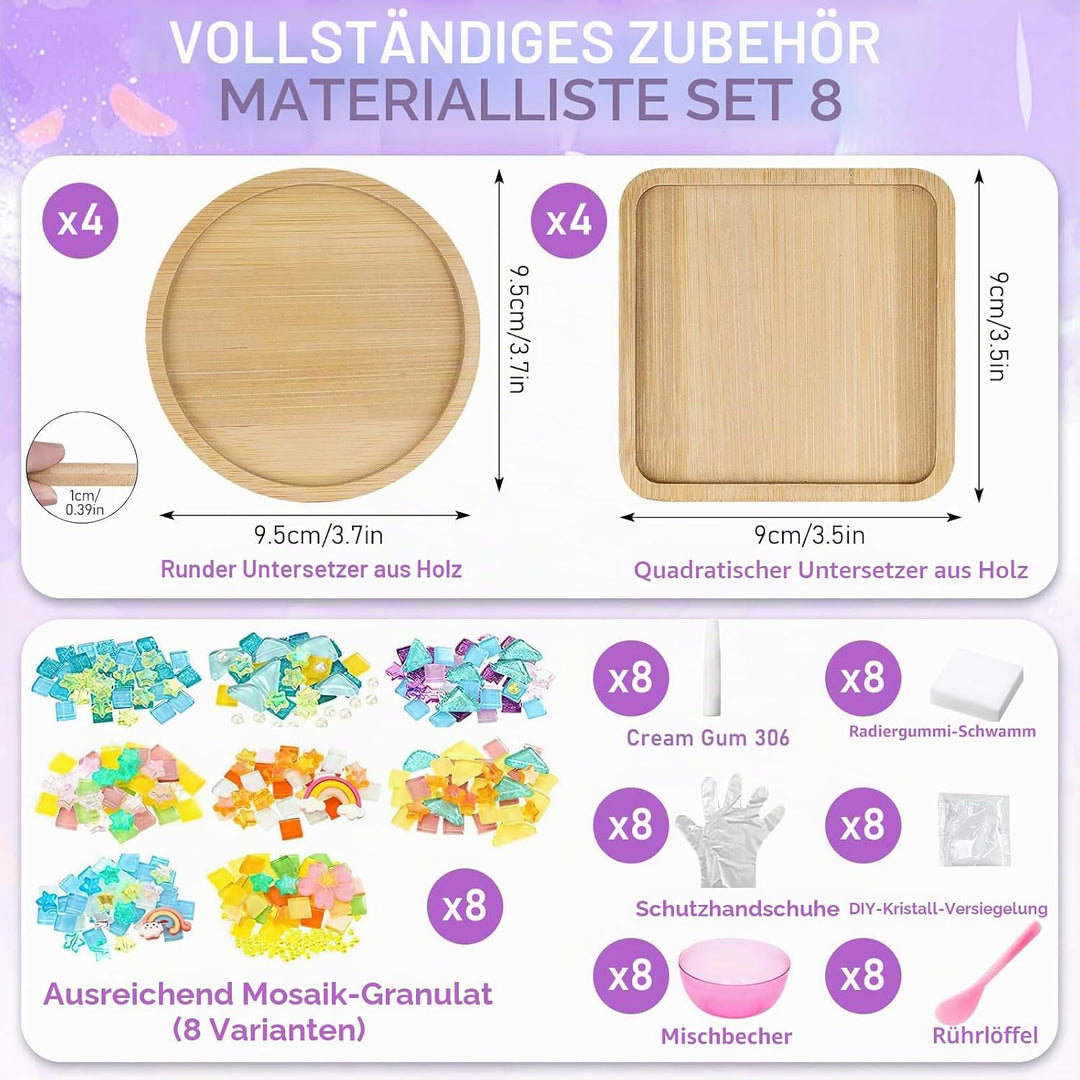 HFZCV 8 Sets DIY Mosaik Untersetzer Bastelset, Glas Mosaik Steine mit Holz Untersetzern, Kreatives B
