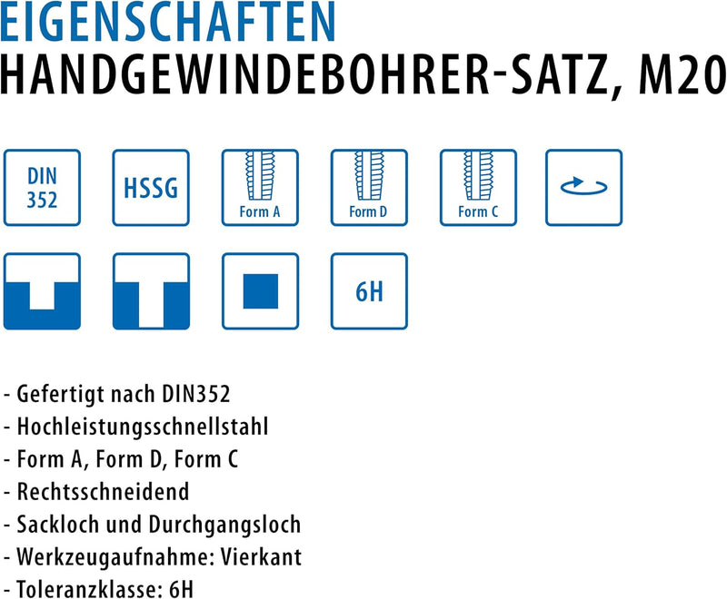 PROFI Gewindebohrer M20 Satz HSSG 3 teilig, Gewindeschneider | Vor-, Mittel- und Fertigschneider | H