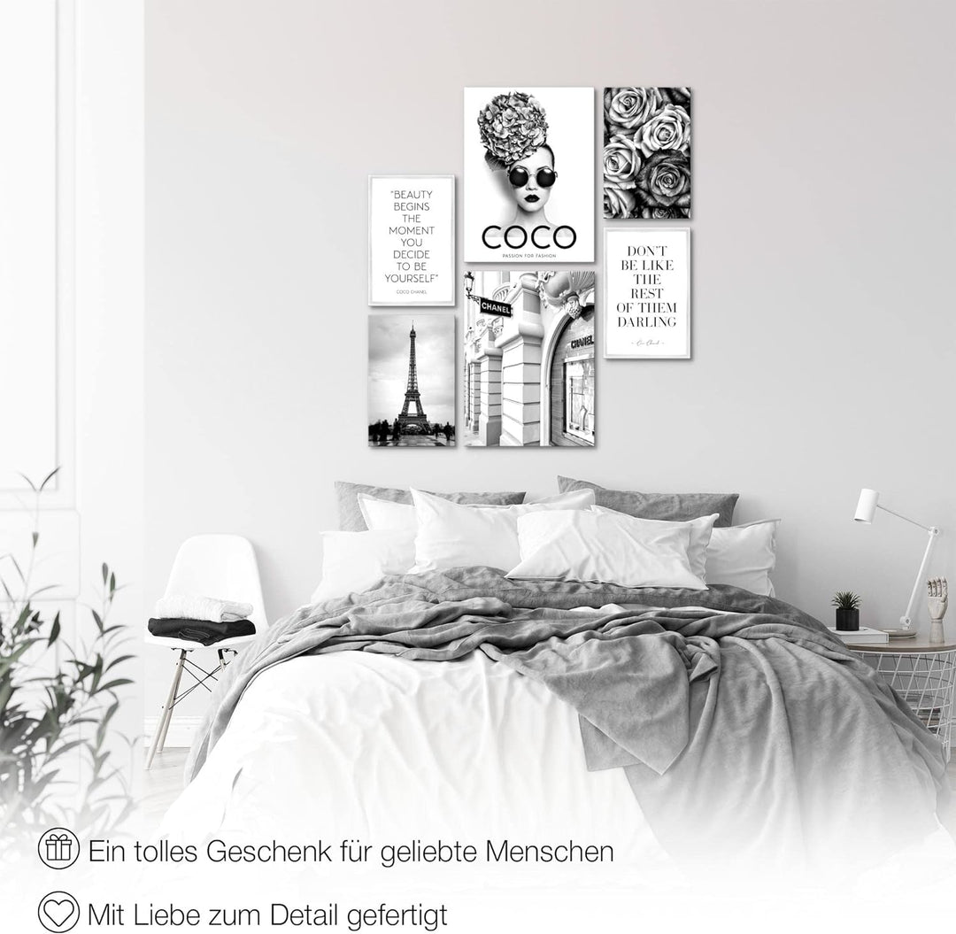 Novart Bilder Set - AUFHÄNGFERTIG - KEIN EXTRA RAHMEN BENÖTIGT - Fashion Coco Modern Schwarz Weiss -