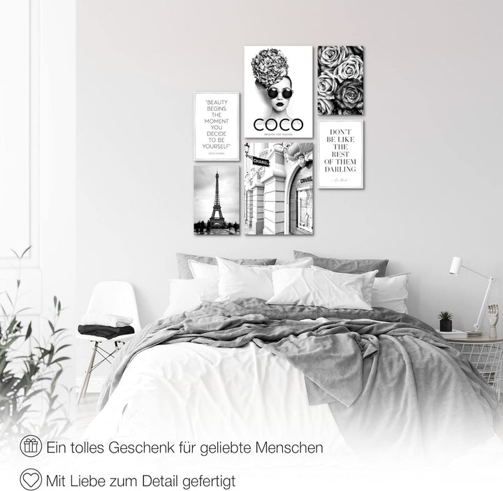 Novart Bilder Set - AUFHÄNGFERTIG - KEIN EXTRA RAHMEN BENÖTIGT - Fashion Coco Modern Schwarz Weiss -