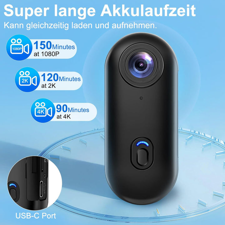 Action Cam - 4K 64GB Bodycam mit Wasserdicht 30m, Freihand-POVs, APP-Videoclip, Magnetisch, 120° Wei