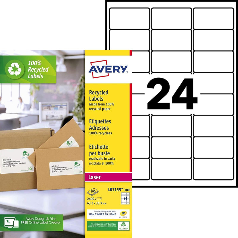 Avery LR7651-100 Klebeetiketten, 63,5 x 33,9 mm, aus zu 100 % recycelten Materialien 63,5 x 33,9 mm,