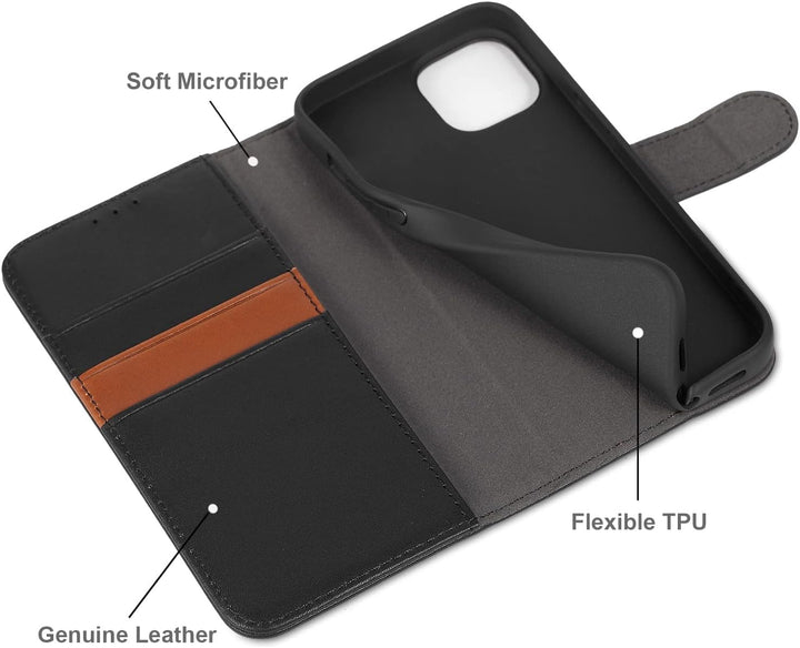 LENSUN Echtleder Hülle für iPhone 14, Handyhülle [Echtes Leder][Magnetverschluss][RFID Schutz] Handy