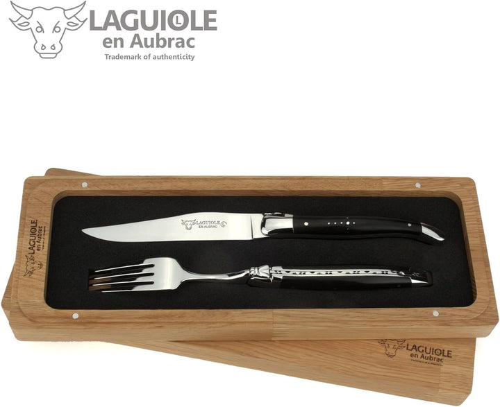 Laguiole en Aubrac - 1 Steakmesser und 1 Gabel Besteck-Set - Griff Ebenholz - Original Frankreich mi