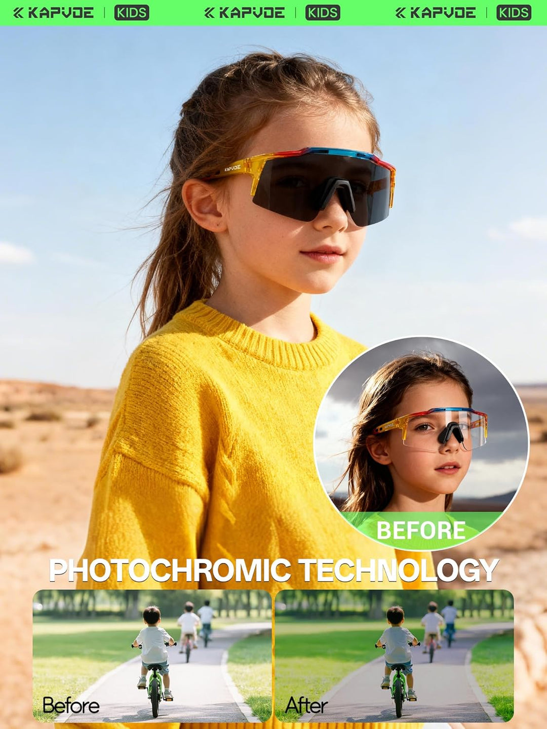 KAPVOE Photochromatische Selbsttönend Fahrradbrille TR90 Rahmen für Herren Damen Jungen Mädchen Klar