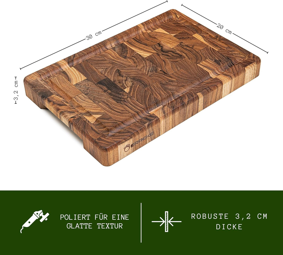 Erreke Schneidebrett Holz, Holzbrett Küche, End Grain Teakholz Dicke 3.2cm, Schneidebrett Hirnholz,
