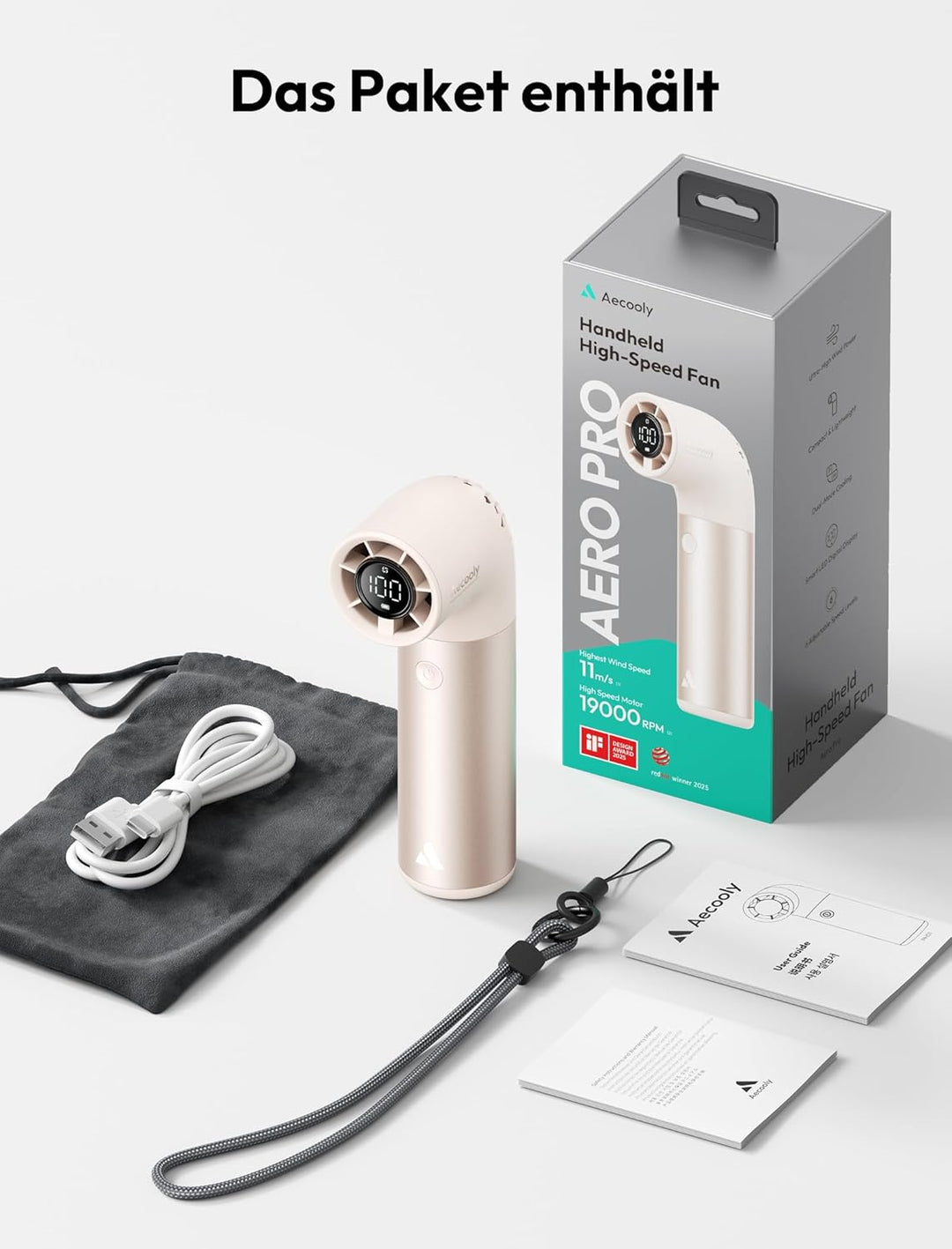 Aecooly Tragbarer Handventilator, Leistungsstarker Turbo-Lüfter mit 19000 U/min, Aero Pro, Bis zu 15