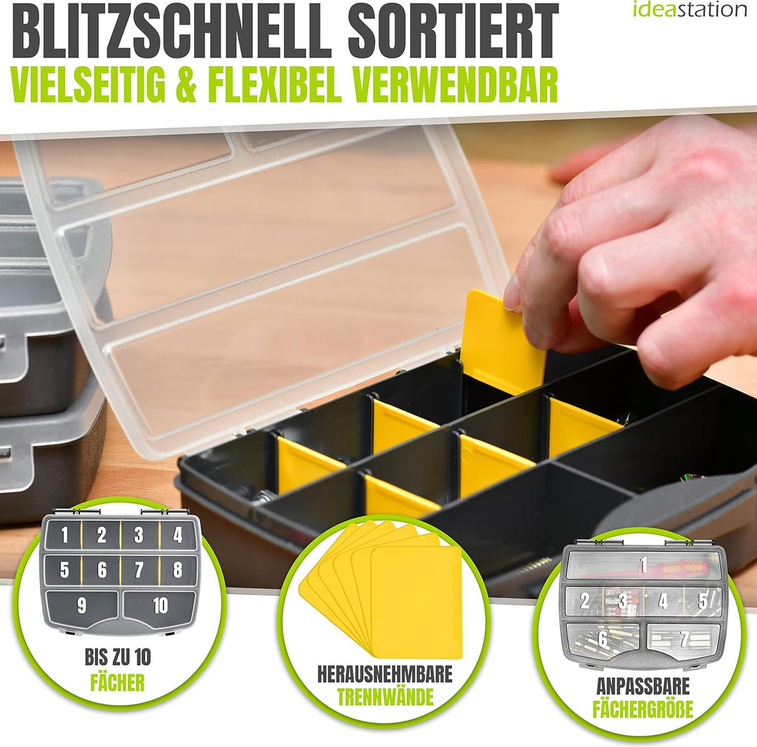 Sortierkasten 3 Stück / 19 x 15 cm - anthrazit - Organizer Box mit transparentem Deckel - Sortierbox