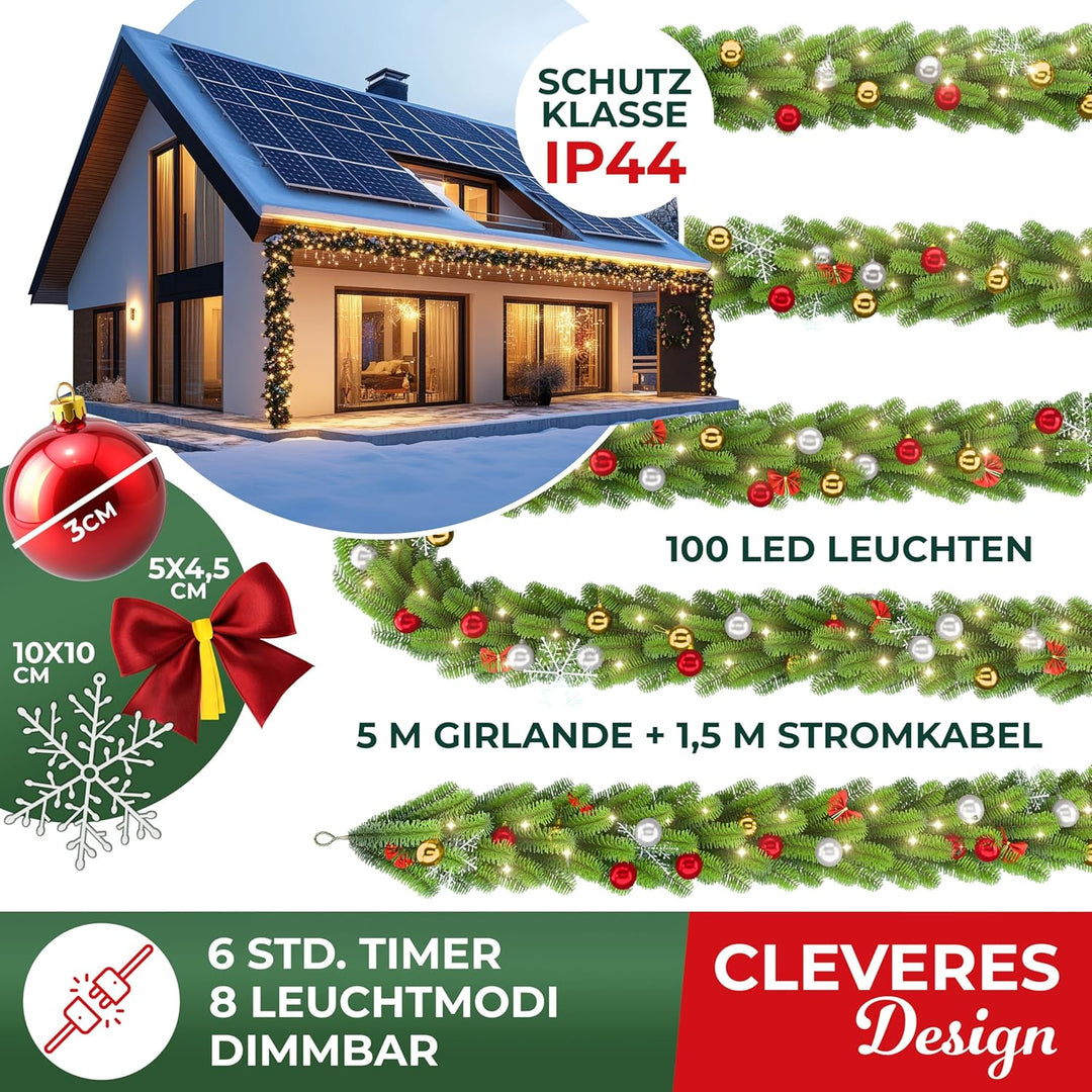 KESSER® Weihnachtsgirlande 5m mit Beleuchtung 100 LED's inkl Deko Fernbedienung - Timer - Lichterket