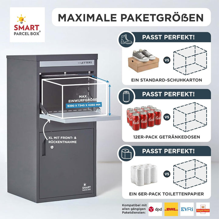 SMART PARCEL BOX XXL Paketbox für draussen, Paketbriefkasten zum Einbauen, zur Wandmontage oder frei