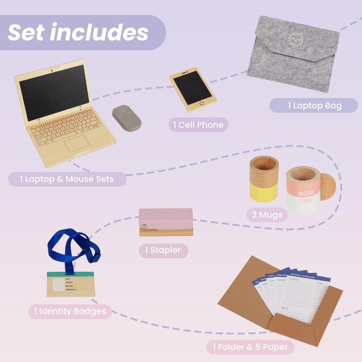 Pretend Play Home Office Set für Kinder,10Pcs Büro Playset mit hölzernem Spielzeug Laptop-Telefon fü