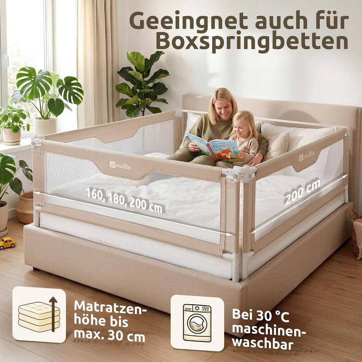 Mallie® Rausfallschutz Boxspringbett 200x200cm Elternbett Beige | 3-seitiges Set mit MALLIEFIX 2.0 C
