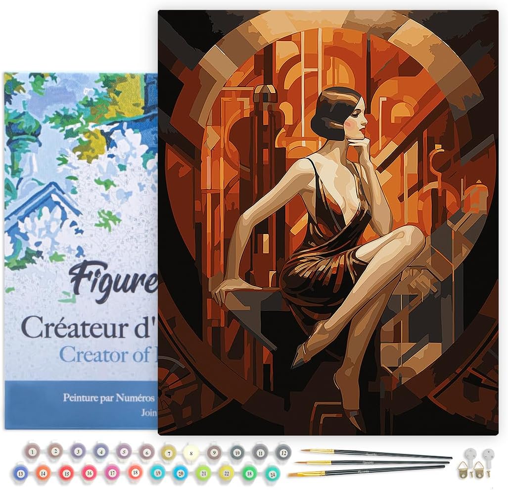 Figured'Art Malen Nach Zahlen Erwachsene Mit Rahmen Sitzende Art-Deco-Frau - Paint by Numbers Bastel