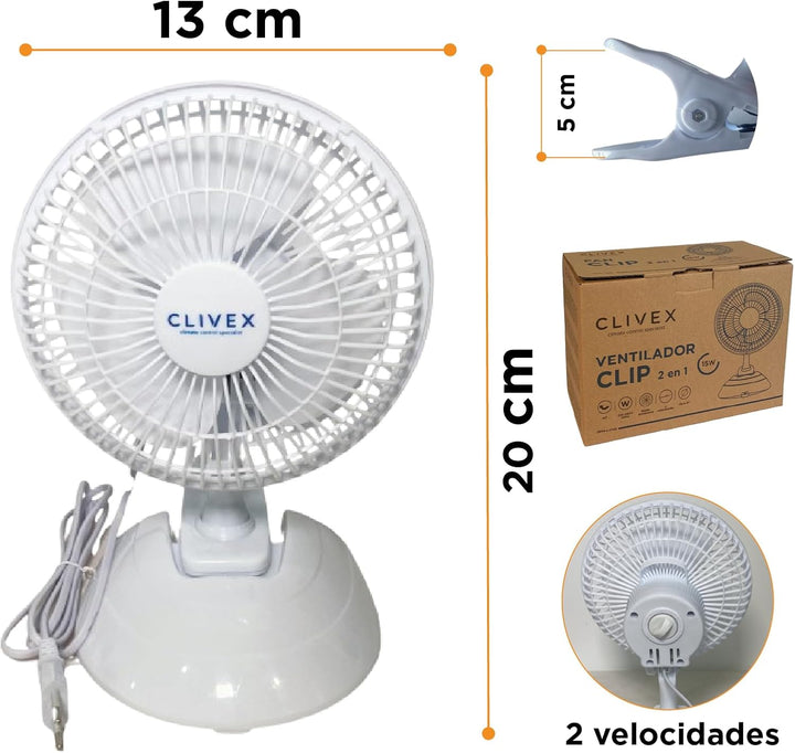 Ventilator mit Klammer und Clip, 15 cm (15 W), 2 Geschwindigkeitsstufen, inklusive Basis zur Verwend