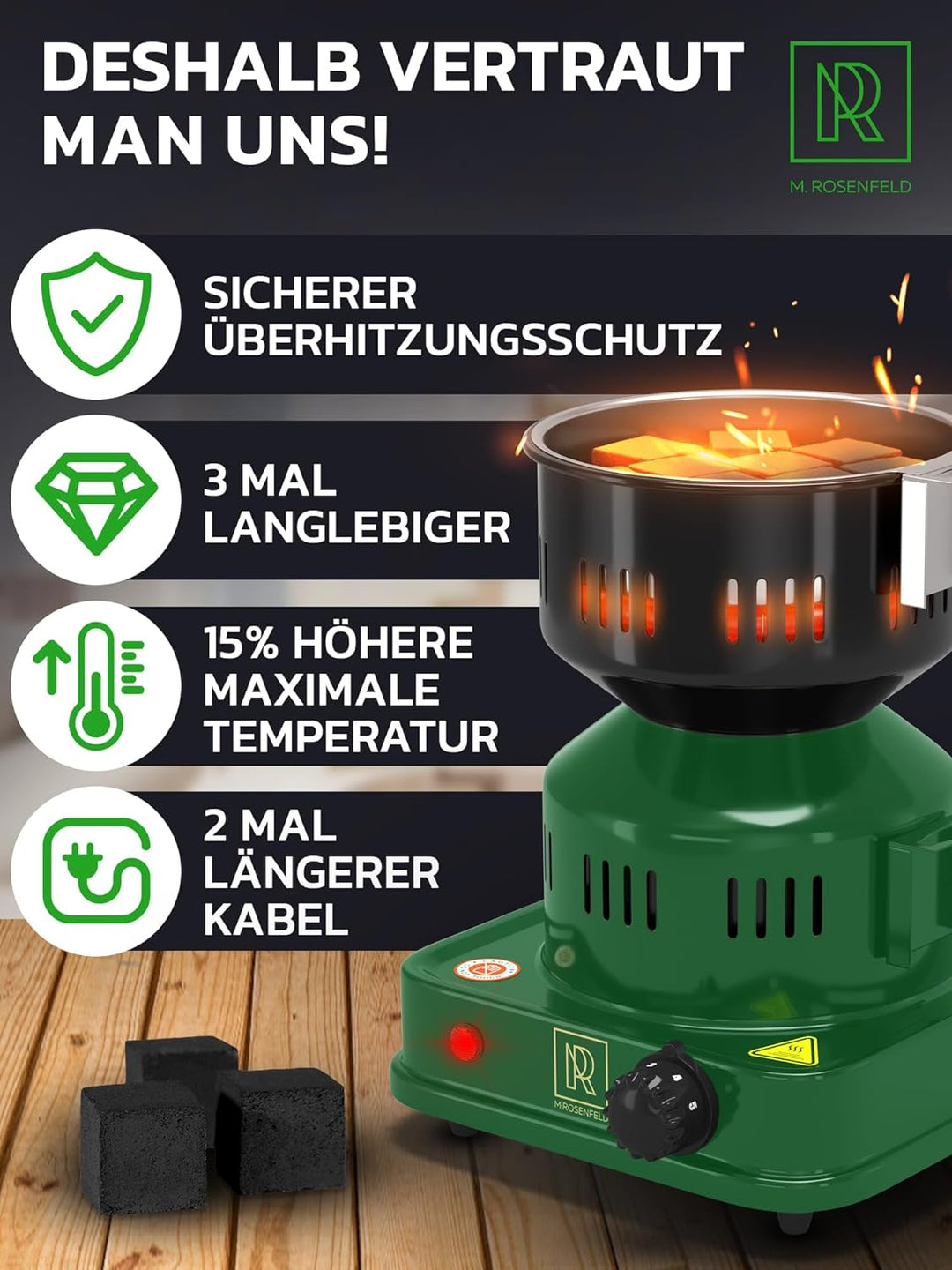 M. ROSENFELD Elektrischer Kohleanzünder - Grün Kohlenanzünder mit extra langem 150cm Kabel, abnehmba