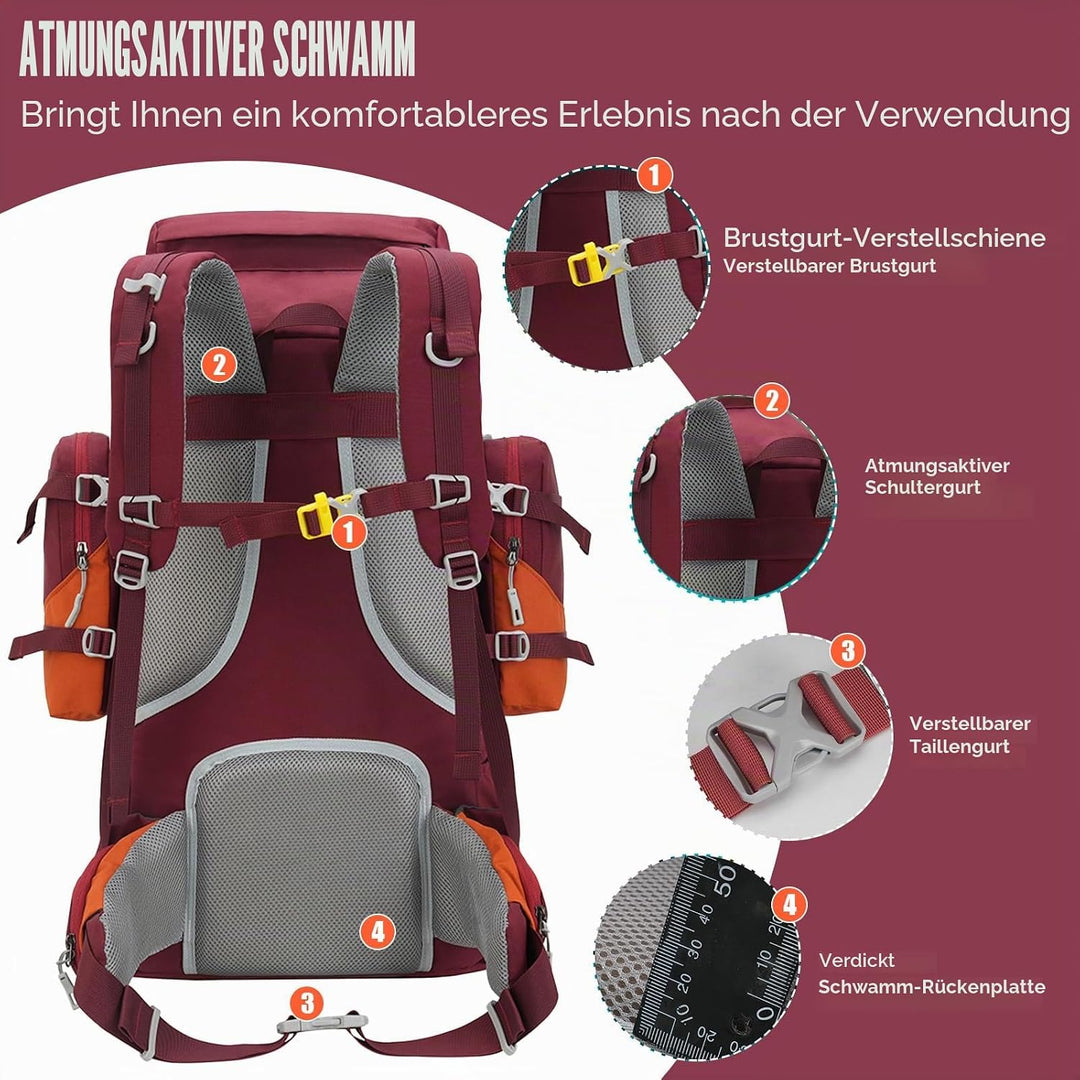 Bseash 70L (65+5) Wasserdichter Wanderrucksack mit Regenschutz, Outdoor-Sport, Reisen, Tagesrucksack