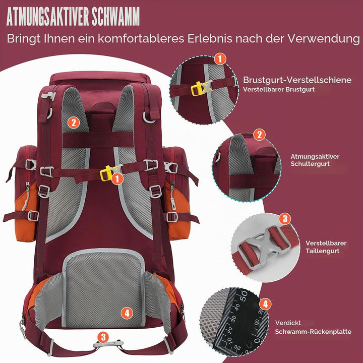 Bseash 70L (65+5) Wasserdichter Wanderrucksack mit Regenschutz, Outdoor-Sport, Reisen, Tagesrucksack