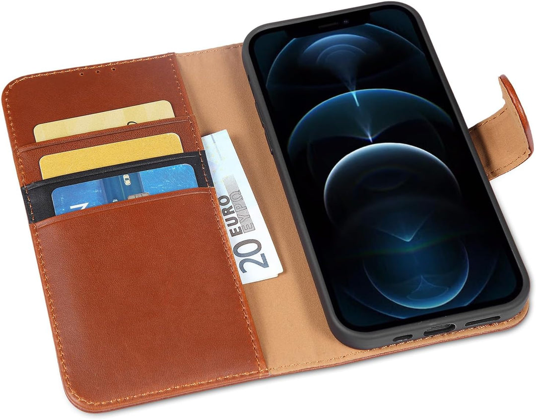 LENSUN Echtleder Hülle für iPhone 12, iPhone 12 Pro Handyhülle Echtes Leder Etui [Kartenfach][RFID B