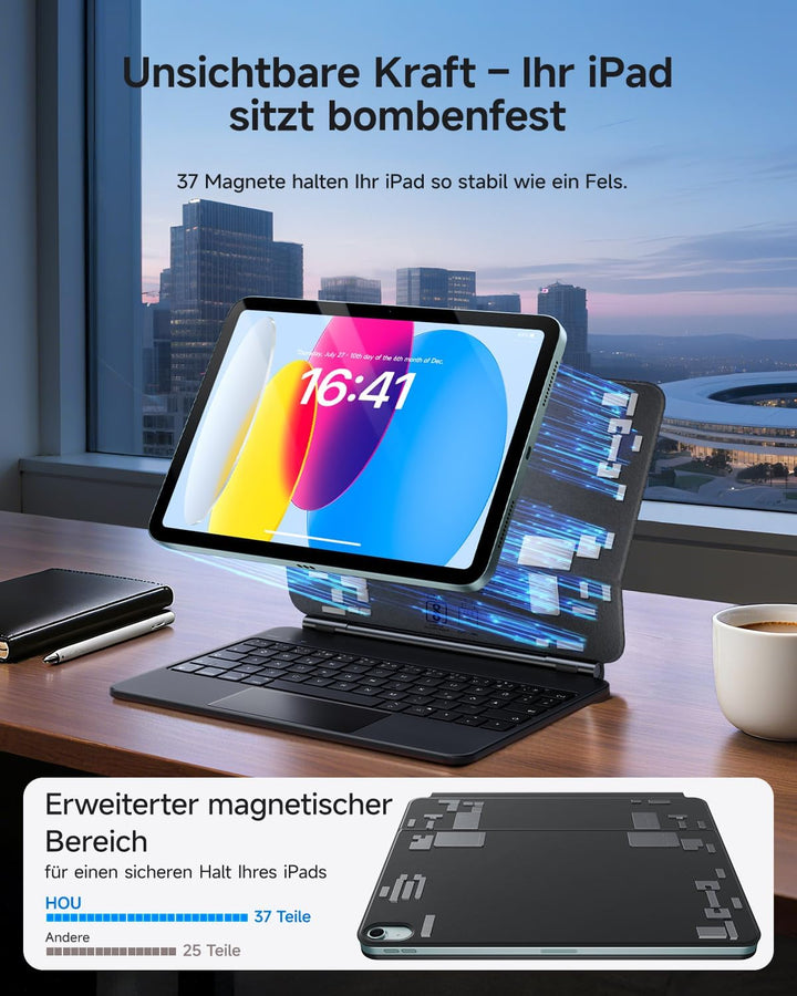 HOU Tastatur Hülle für iPad 11. Generation 2025 A16/10. Generation 2022, Magnetischer Ständer, Bluet