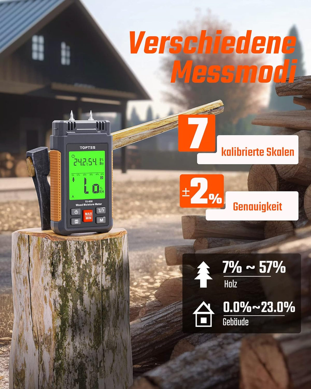 TopTes Feuchtigkeitsmessgerät, Feuchtigkeitsmesser für Wand und Holz TS-630, Grosses LCD-Display Dre