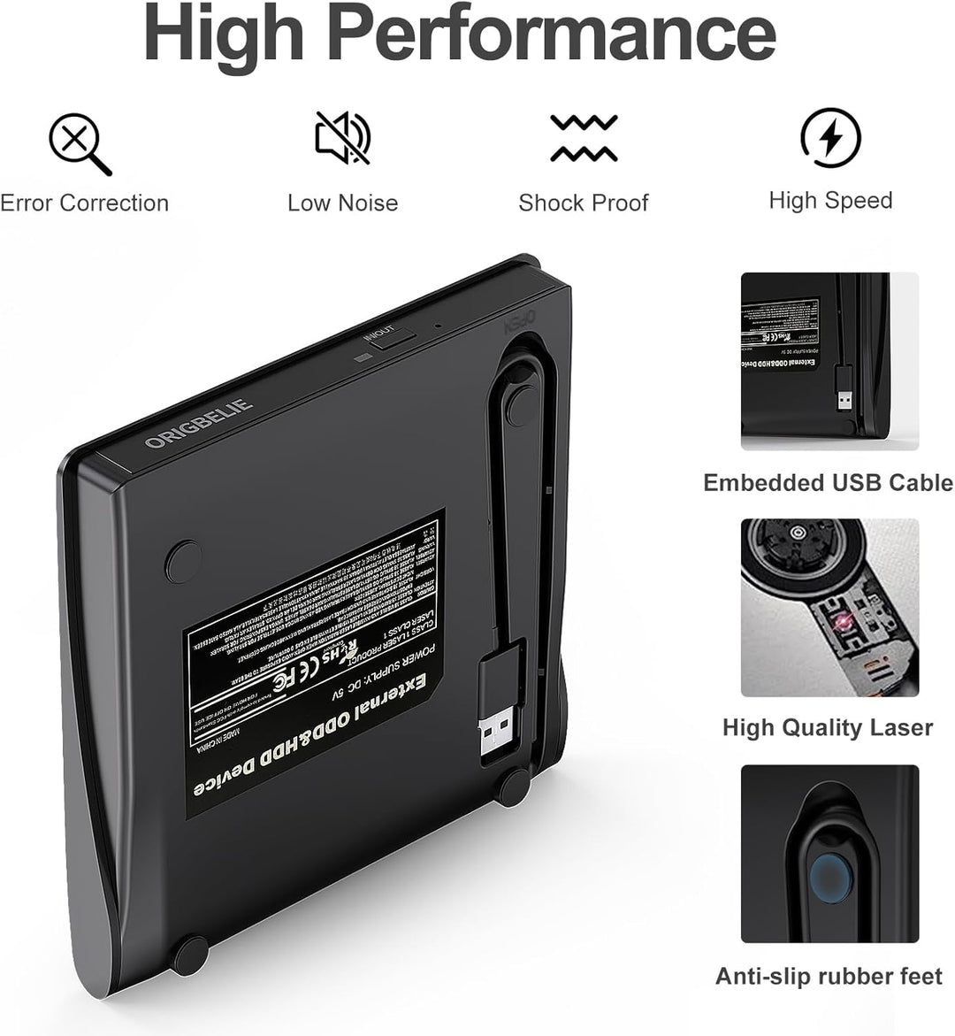 ORIGBELIE Externer CD-Player für Laptop-PC, externer Plug&Play-CD-DVD-Brenner, USB 3.0 CD/DVD +/-RW-