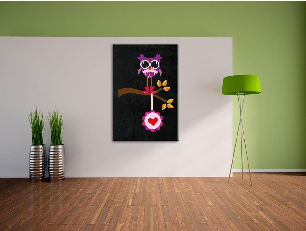 Pixxprint Süsse Eule auf AST mit Anhänger als Leinwandbild/Grösse: 100x70 cm/Wandbild/Kunstdruck/fer