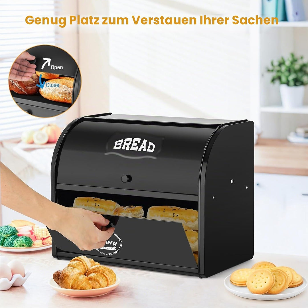 Edelstahl Brotkasten 2 Etagen mit Rolltop Deckel, extragrosser Brotbox Schwarz, Metall Brotbehälter