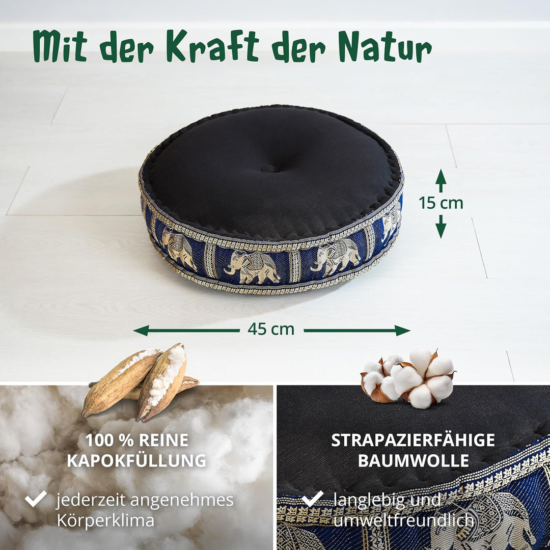 livasia Meditationskissen mit Thaiseide - Ø 45x15cm - Yogakissen mit Kapok, Pouf, Bodenkissen für Yo