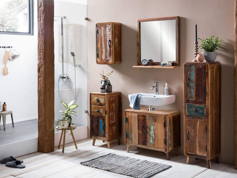 Woodkings® Bad Unterschrank Kalkutta recyceltes Holz bunt rustikal Echtholz massiv Badmöbel Badezimm