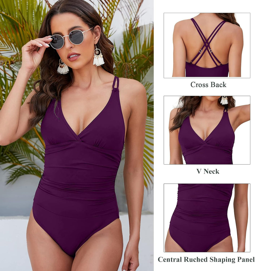 SUGSHYN Badeanzug Damen Schwimmanzug Bauchweg Sexy V Ausschnitt Bademode Push Up Swimming Suits Wome