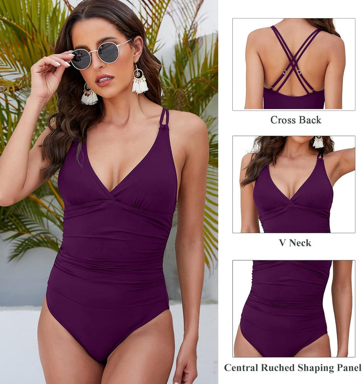 SUGSHYN Badeanzug Damen Schwimmanzug Bauchweg Sexy V Ausschnitt Bademode Push Up Swimming Suits Wome