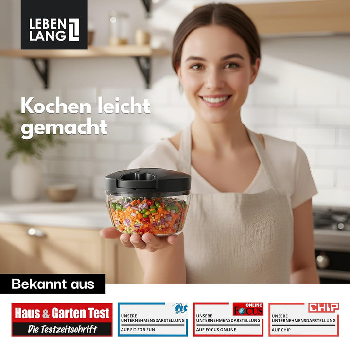 LEBENLANG Gemüse & Zwiebel Zerkleinerer Manuell - 400ML & BPA-Frei | 3 Klingen Obstzerkleinerer Manu