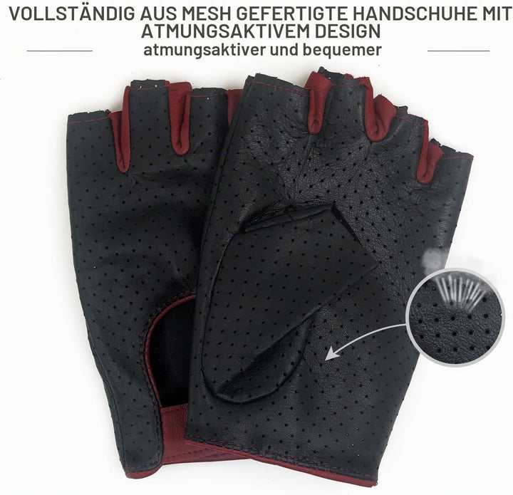 ZLUXURQ Herren-Lederhandschuhe Vollmaschige Fingerlose Halbfinger-Fahrhandschuhe Large-9.5" Schwarz