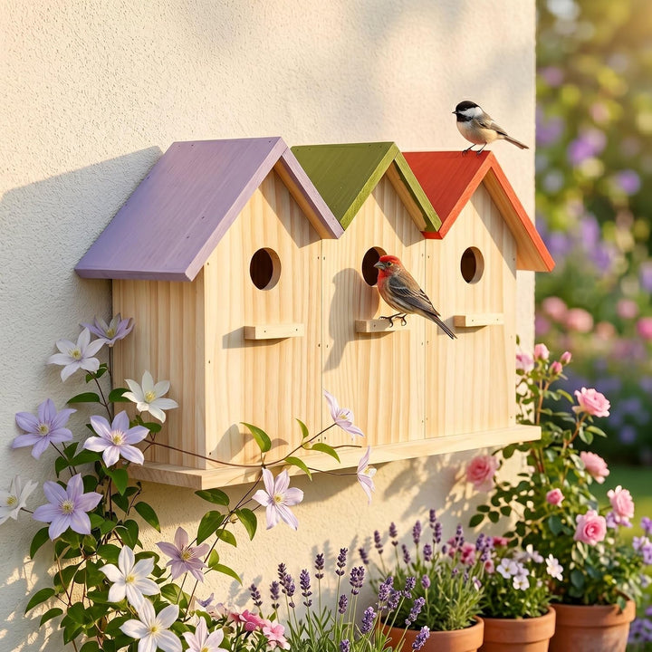 colourliving Nisthaus Birdy 3er Vogelhaus Holz Nistkasten | Holz 42 x 25 x 13 cm 32 mm Einflugloch f