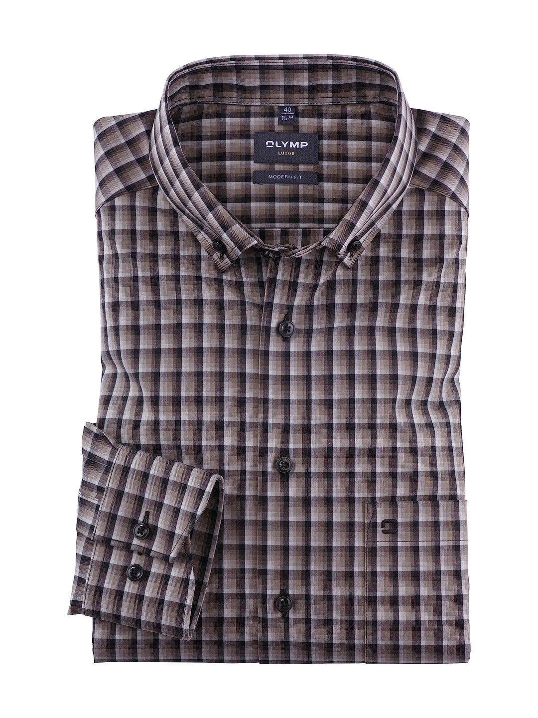 OLYMP Herren Businesshemd Langarm Luxor,Kariert,modern fit,Button-Down-Kragen 39 Taupe 23, 39 Taupe